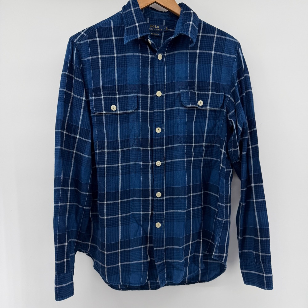 Polo Ralph Lauren Mens Blue Plaid Flannel Shirt Relaxed Fit Large L Long Sleeve